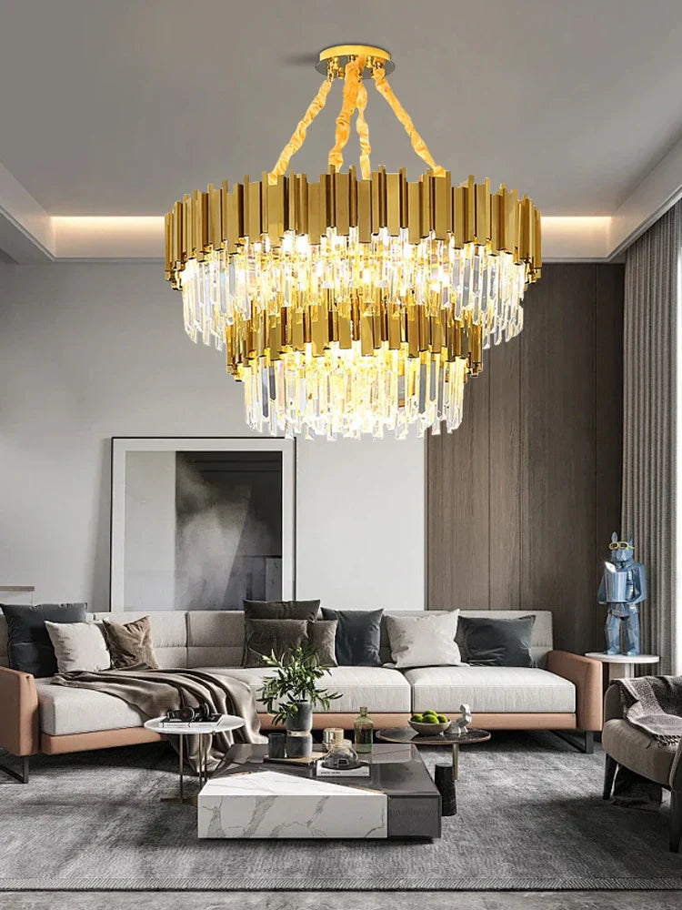 DecorBites™ Gold K9 Crystal Ceiling Chandelier, Dimmable Luxury Living Room Bedroom Lighting