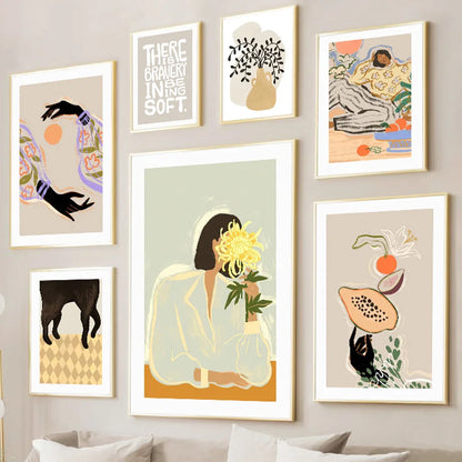 Pintura abstracta de lienzo con diseño de niña, mano, fruta, flor, hoja, jarrón, arte de pared