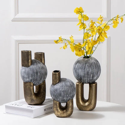 DecorBites™ Golden Stripe Geometric Ceramic Vase - Abstract Floral Arrangement Home Decor