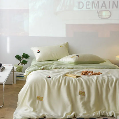 DecorBites™ Cartoon Embroidery Comforter Set with Silky Cooling Touch Fitted Sheet - Luxury Rayon Bedding Set