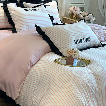 Decobites Ruffles Striped Bedding Set for Full Bed - Double-sided Skin-friendly Summer Linens