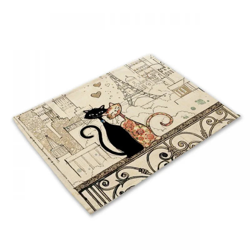 DecorBites™ Black Cat Linen Placemat Set for Dining Table & Kitchen Decor