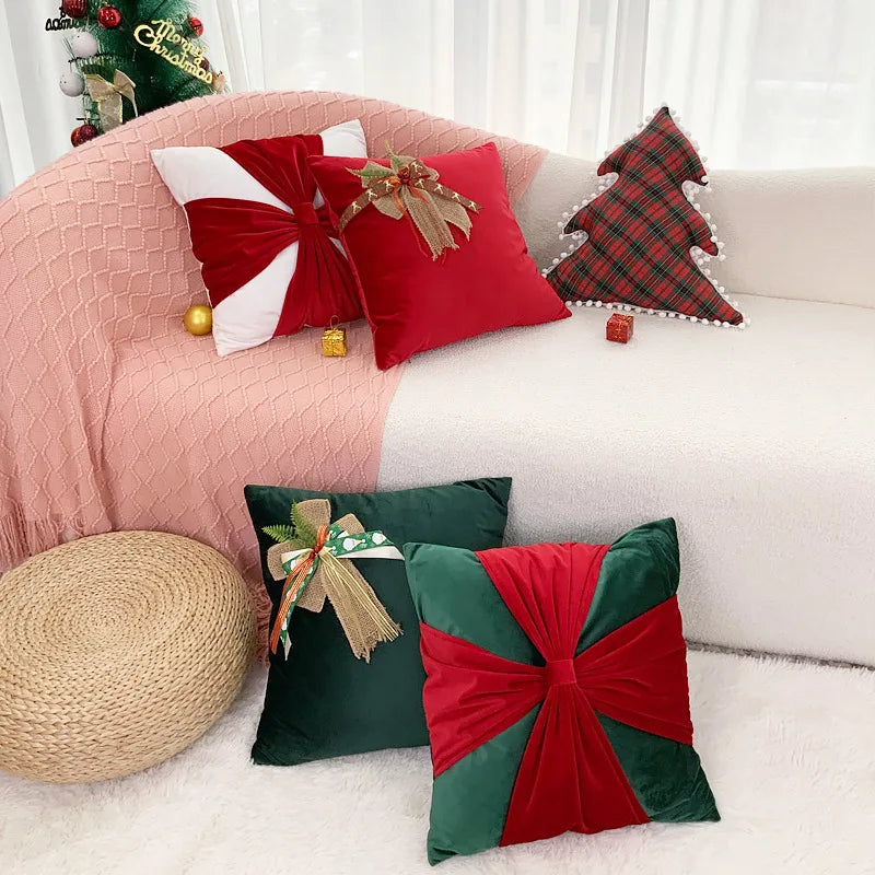 DecorBites™ Christmas Bow Patchwork Velvet Pillow Cover Set for Festive Home Decor