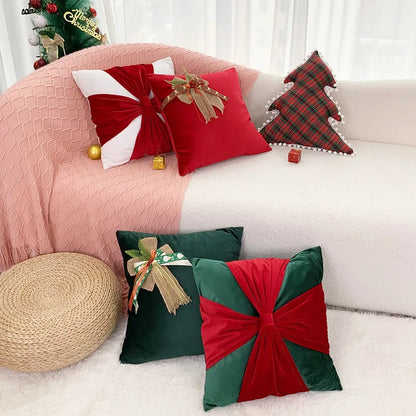 DecorBites™ Christmas Bow Patchwork Velvet Pillow Cover Set for Festive Home Decor