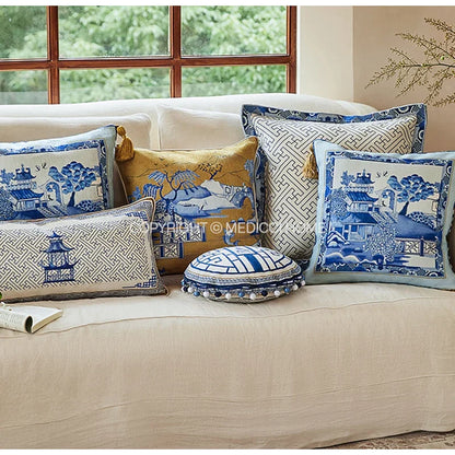 DecorBites™ Chintz Blue Cobalt Circular Throw Pillow Covers with Tassels - 35x35cm