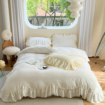 DecorBites™ Lace Ruffles Bedding Set in Pearl White Cream Yellow Princess Cotton