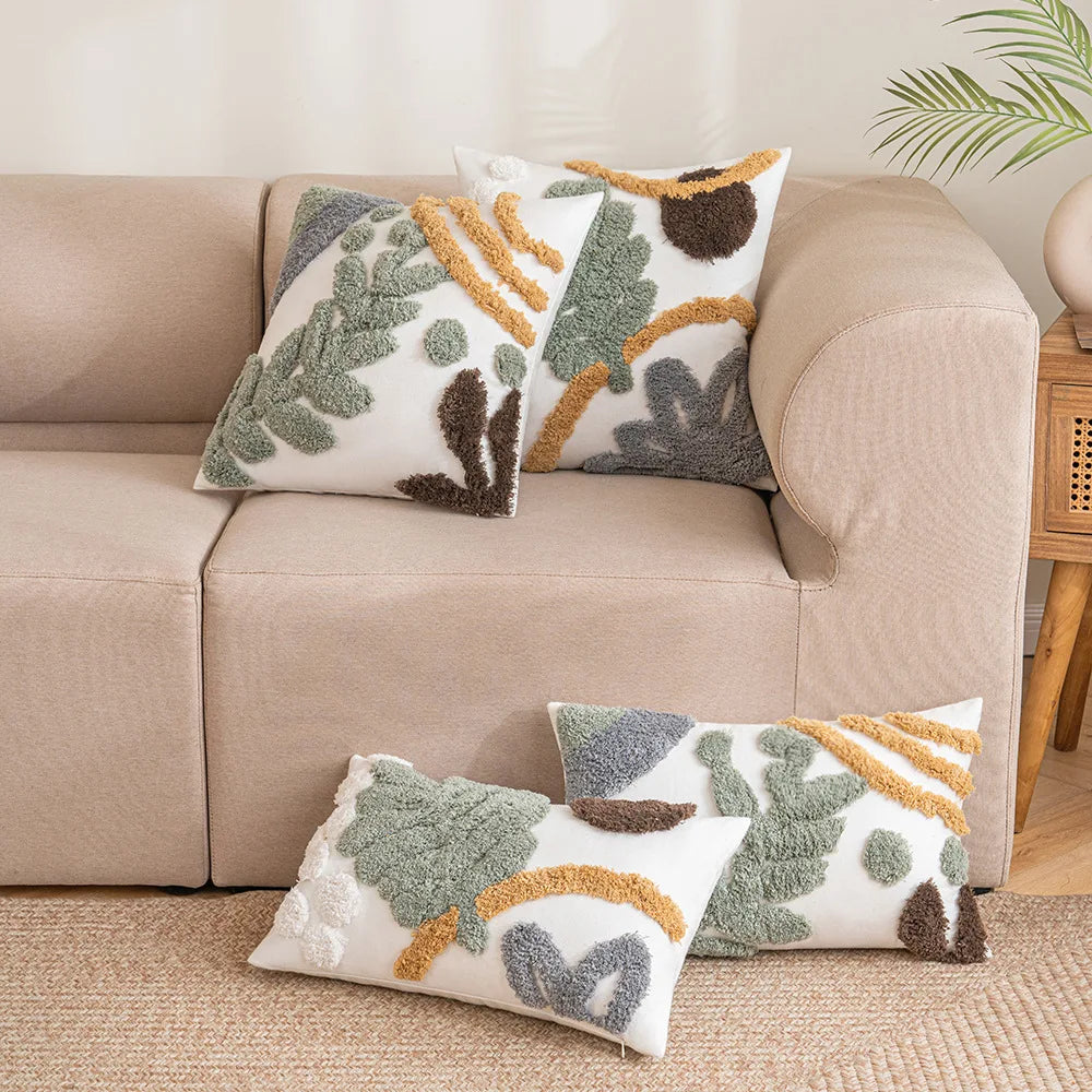 DecorBites™ Leaf Embroidered Boho Tufted Cotton Canvas Cushion Cover for Sofa Living Room