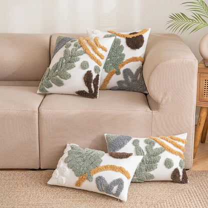 DecorBites™ Leaf Embroidered Boho Tufted Cotton Canvas Cushion Cover for Sofa Living Room
