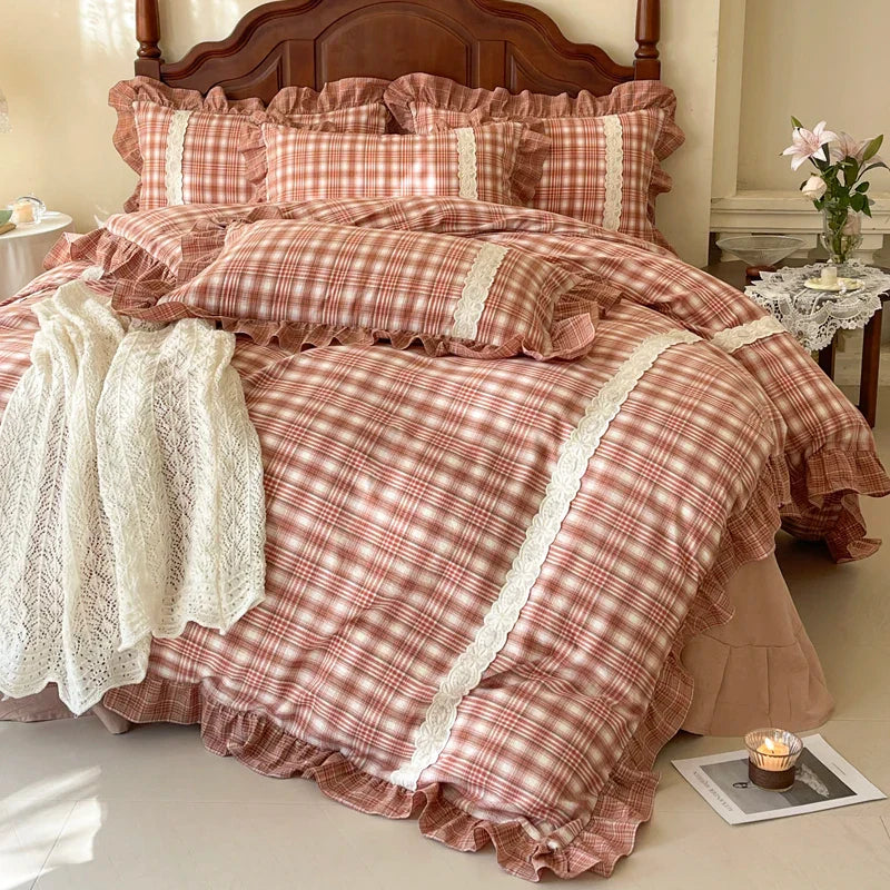 Decobites Plaid French Pastoral Cotton Bedding Set Full Queen King Size