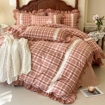 Decobites Plaid French Pastoral Cotton Bedding Set Full Queen King Size