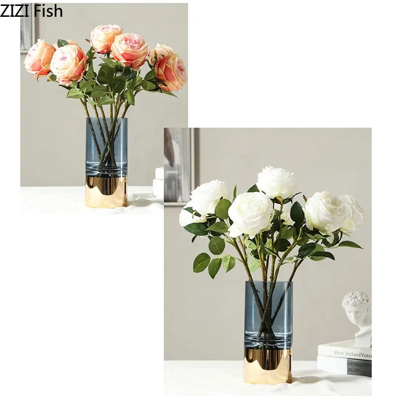 Jarrón de Vidrio Dorado™ Decorbites Decoración Clara para Escritorio Arreglo Floral Hidropónico Maceta para Brotes y Flores