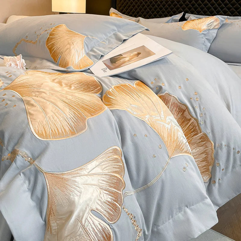 Decobites Gold Ginkgo Leaf Embroidery Bedding Set - 100% Cotton Luxury 4Pcs