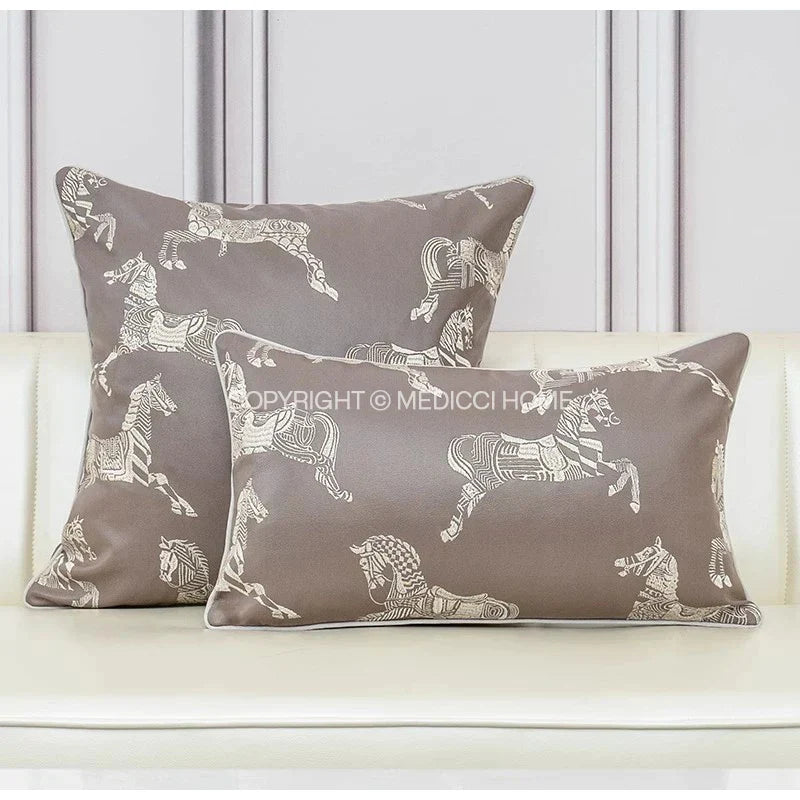 DecorBites™ Gold Faux Silk Horses Jacquard Cushion Cover, Soft Chinese Style Throw Pillow Case