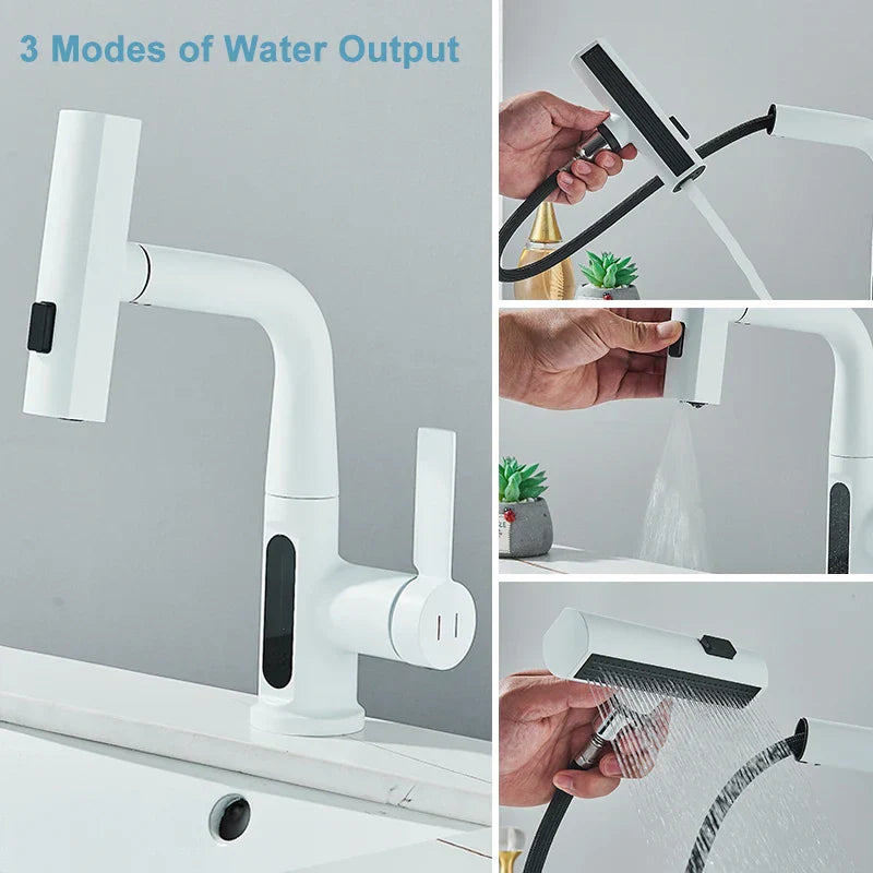 DecorBites™ Digital Display Basin Faucet with 3-Way Nozzle: Pull Out, Rainfall Stream, Hot Cold Mixer