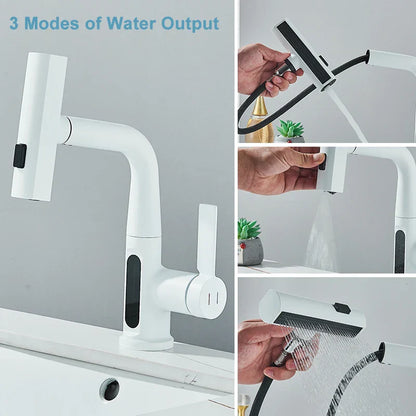 DecorBites™ Digital Display Basin Faucet with 3-Way Nozzle: Pull Out, Rainfall Stream, Hot Cold Mixer