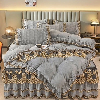 Decobites Velvet Bedding Set with Gold Lace Ruffles, Removable Bed Skirt & Pillowcase