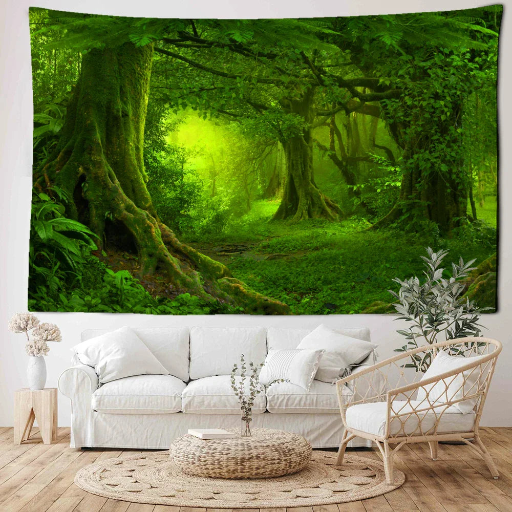 Green Leaf Forest Tapestry Wall Hanging by Decobites - Nature Scenery Boho Hippie Decor