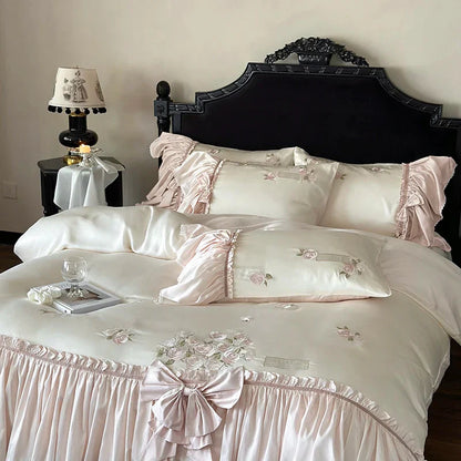 Decobites French Bow Ruffle Flower Embroidery Bedding Set - Luxury Lyocell Cotton