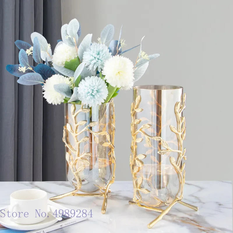 DecorBites™ Gold Frame Glass Vase with Rattan Branches for Home Decor & Flower Arrangement