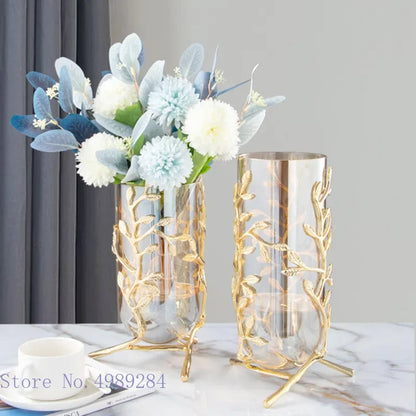 DecorBites™ Gold Frame Glass Vase with Rattan Branches for Home Decor & Flower Arrangement