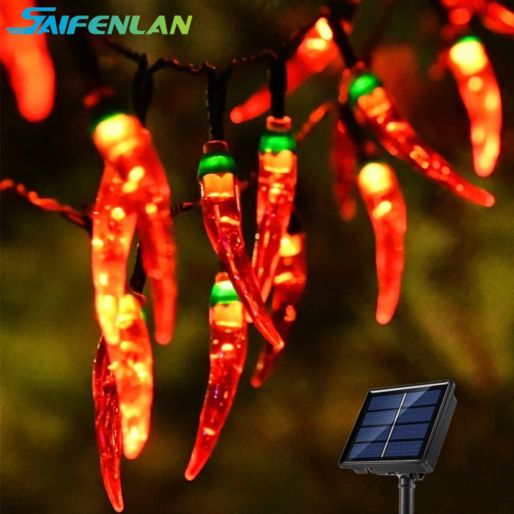 Solar Red Chili String Lights