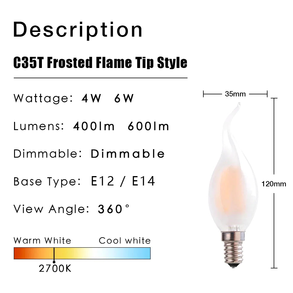 Bombilla LED Llama Decorbites™ E12 E14 C35 Vela Retro Filamento 4W 6W Regulable Blanco Cálido