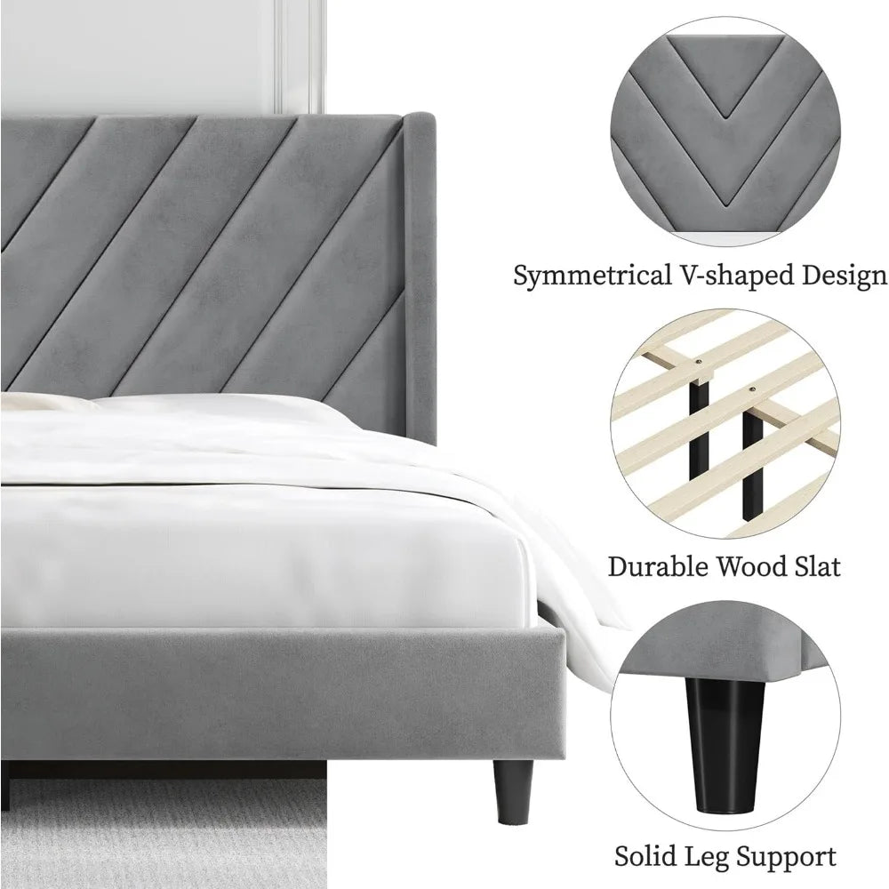 Velvet Upholstered Winged Bed Frame