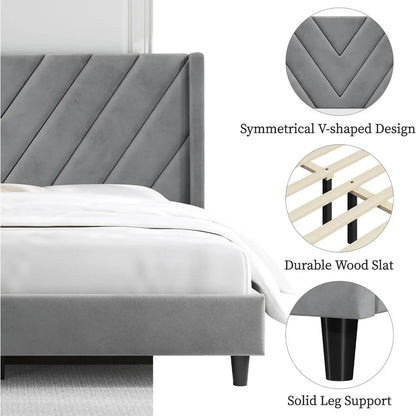 Velvet Upholstered Winged Bed Frame