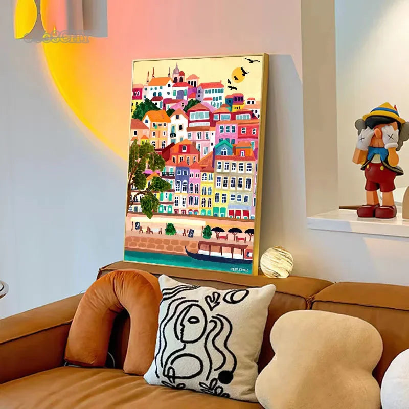 Vibrant Mountain City Canvas Art