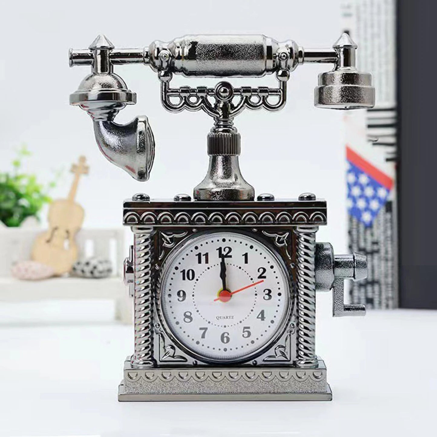 Vintage Telephone Clock Table Statue