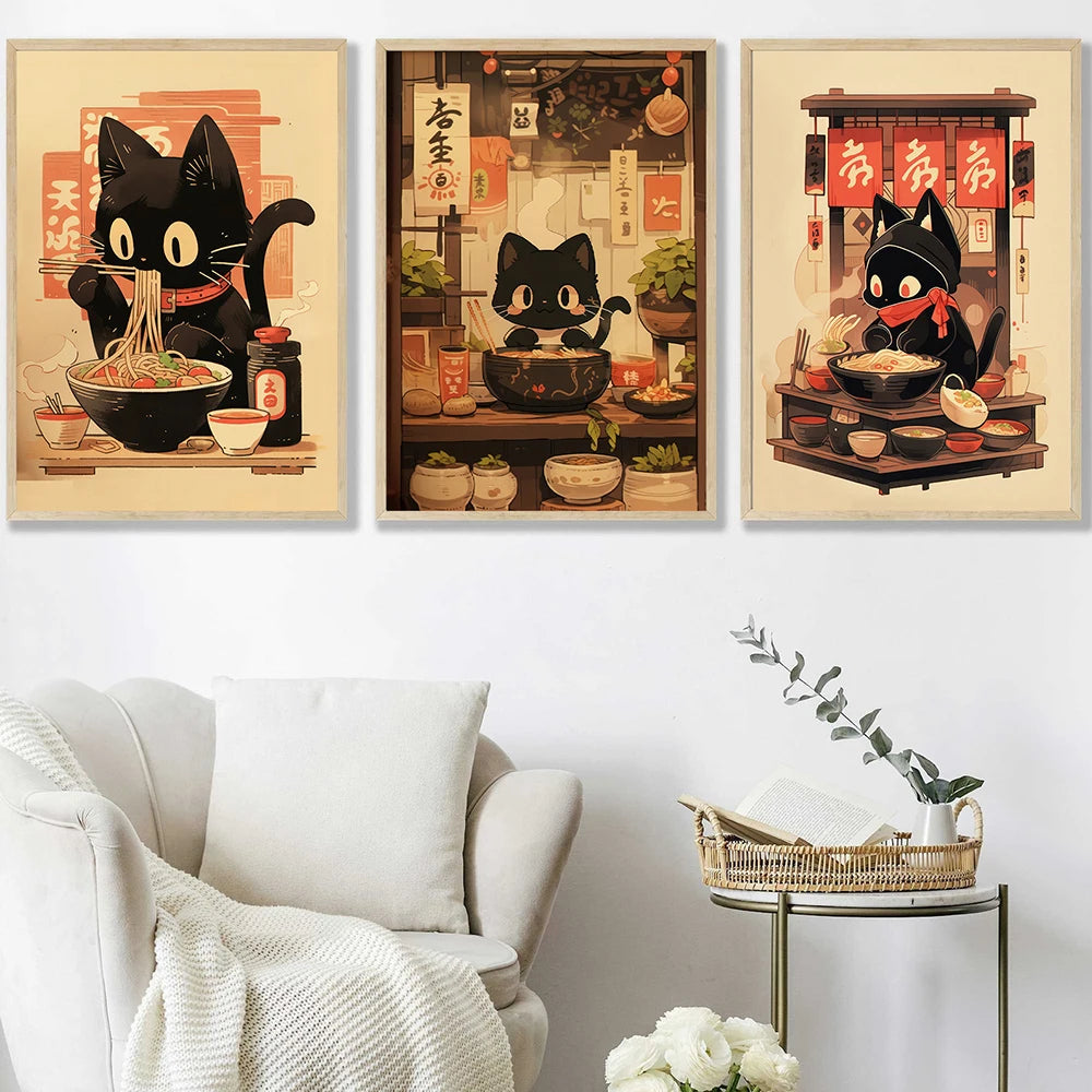 Whimsical Black Cat Ramen Art