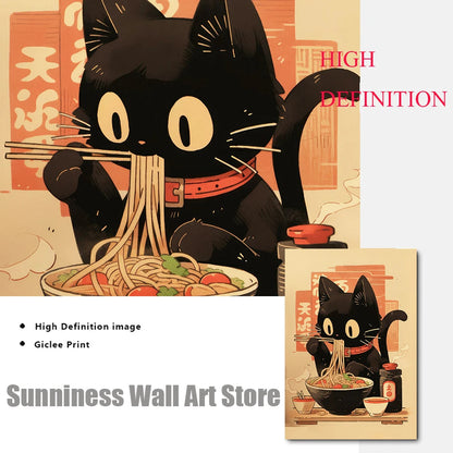 Whimsical Black Cat Ramen Art