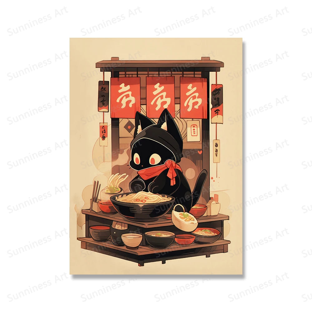 Whimsical Black Cat Ramen Art