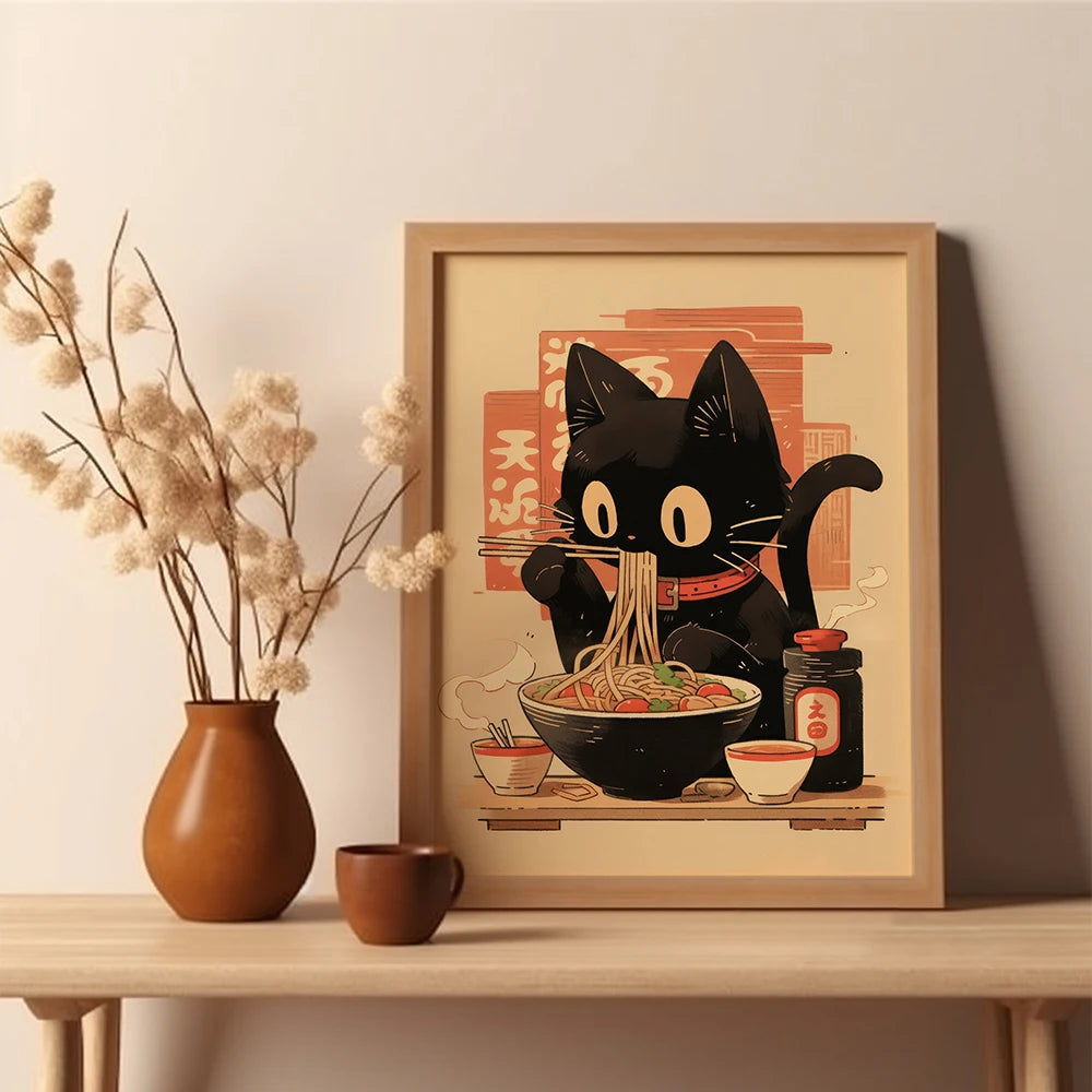 Whimsical Black Cat Ramen Art