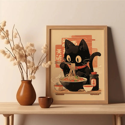 Whimsical Black Cat Ramen Art