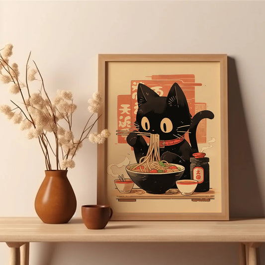 Whimsical Black Cat Ramen Art