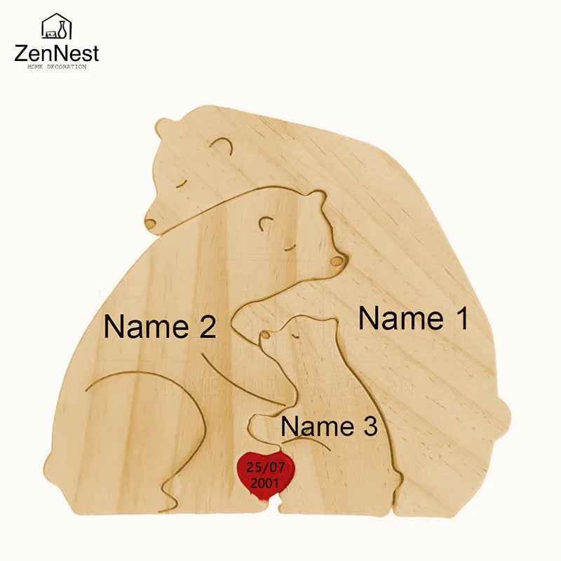 Wooden Puzzle Personalized Customized Bear Family Warm Birthday Gift Solid Wood Ornament Laser Engraving Home Decoration