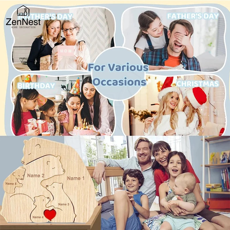 Wooden Puzzle Personalized Customized Bear Family Warm Birthday Gift Solid Wood Ornament Laser Engraving Home Decoration