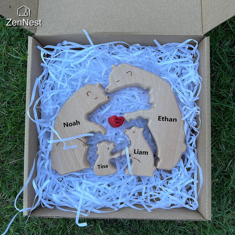 Wooden Puzzle Personalized Customized Bear Family Warm Birthday Gift Solid Wood Ornament Laser Engraving Home Decoration