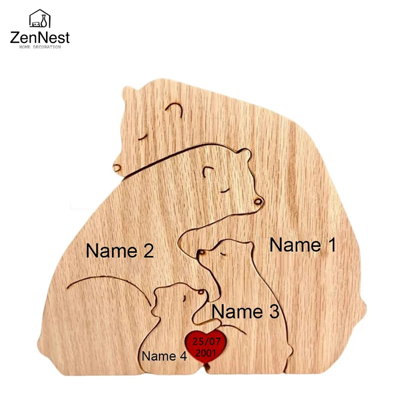 Wooden Puzzle Personalized Customized Bear Family Warm Birthday Gift Solid Wood Ornament Laser Engraving Home Decoration