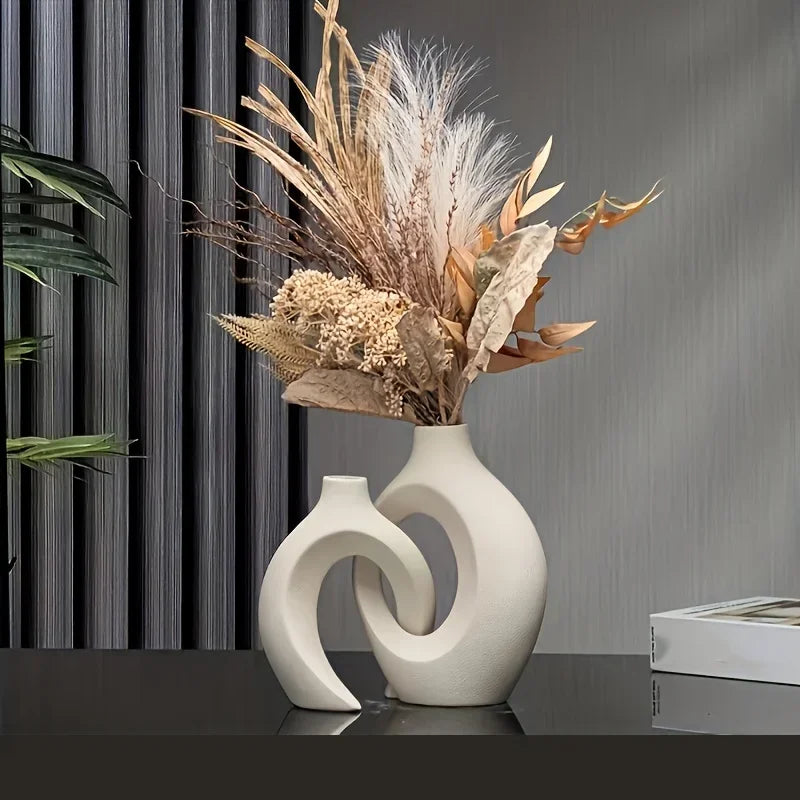 Cream-colored plastic imitation hollow vase set of 2 with modern abstract design for living room made in mainland china