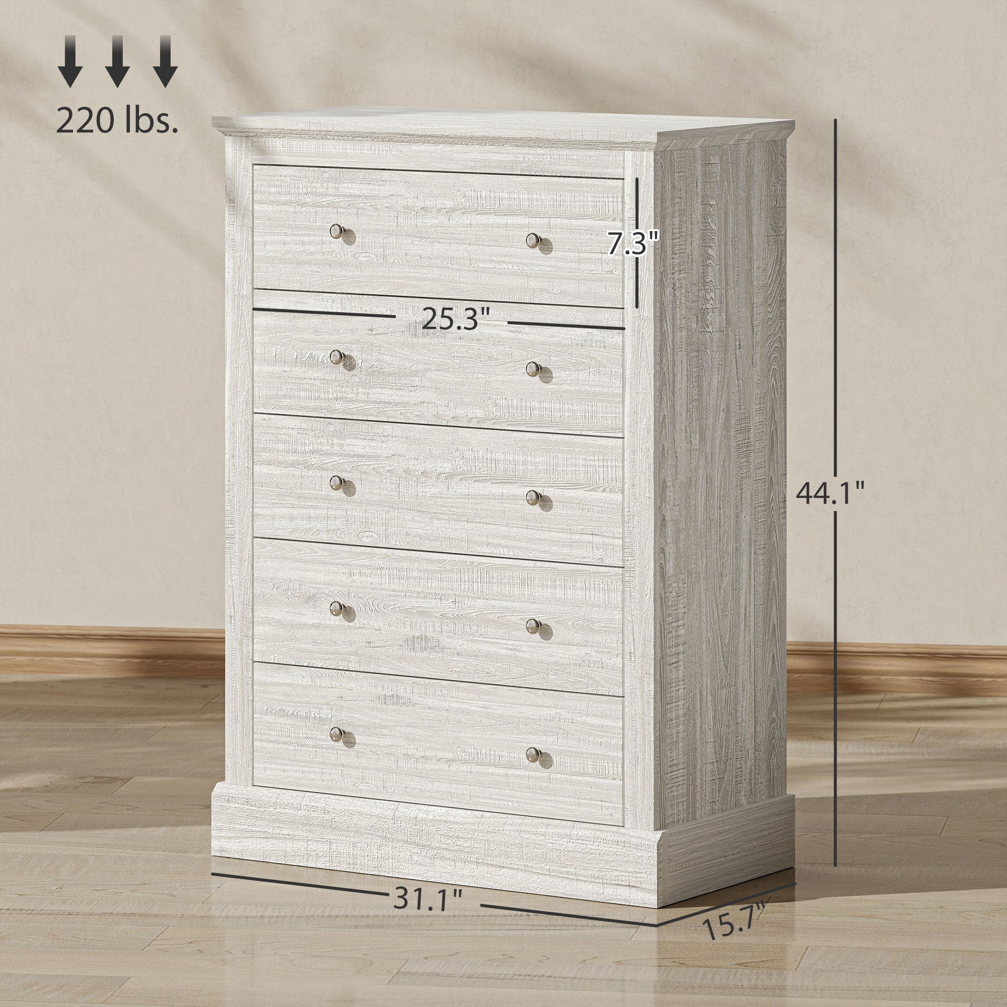 Cómoda de Granja Ancha de 31 Pulgadas con 5 Cajones, Mueble para Dormitorio con Superficie de Madera para Sala de Estar, Roble Sucio