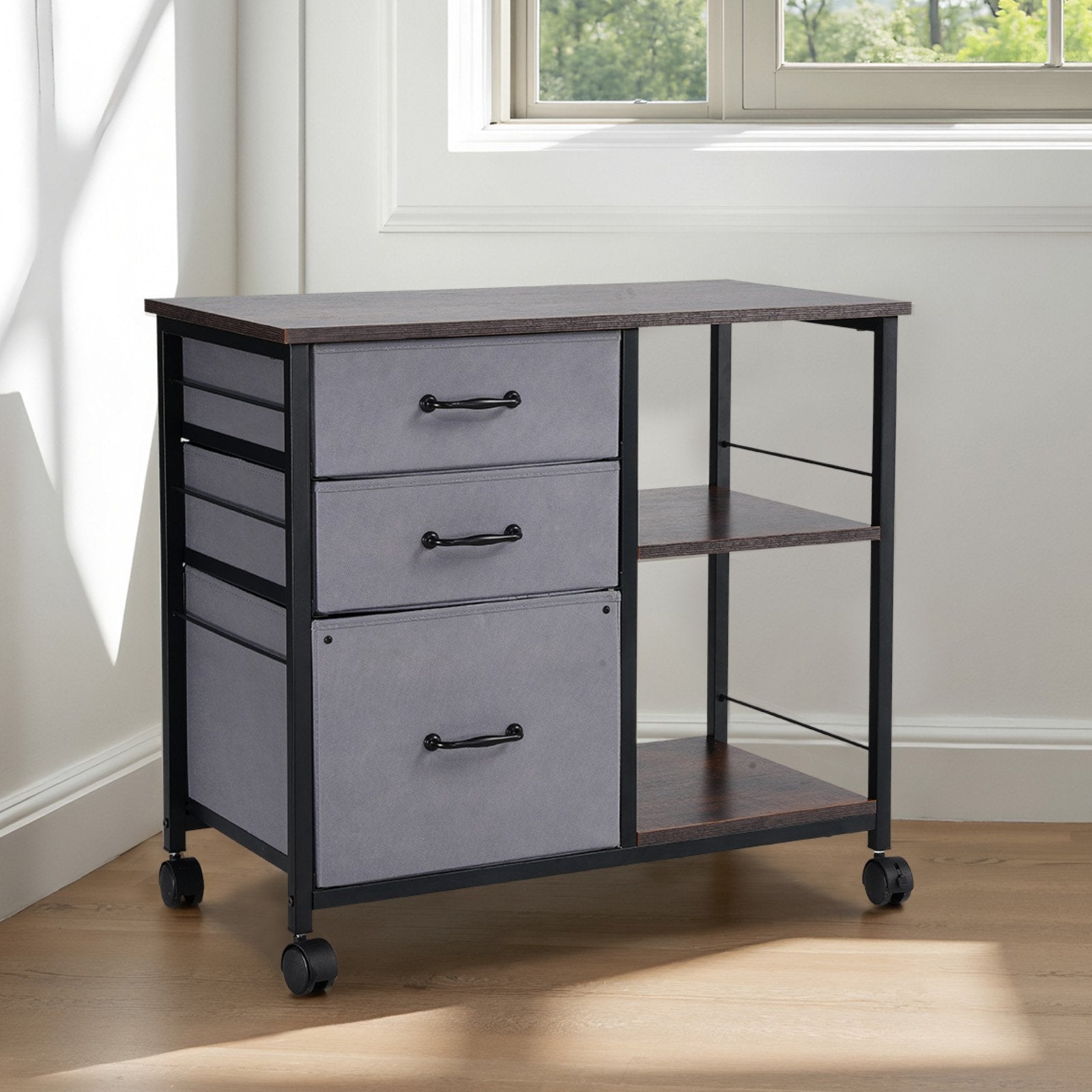 Mobiler Metall-Aktenschrank mit 3 Stoffschubladen und 2 offenen Regalen Braun
