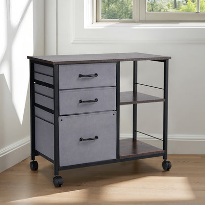 Mobile Metal File Cabinet With 3 Fabric Drawers And 2 Open Shelves Brown