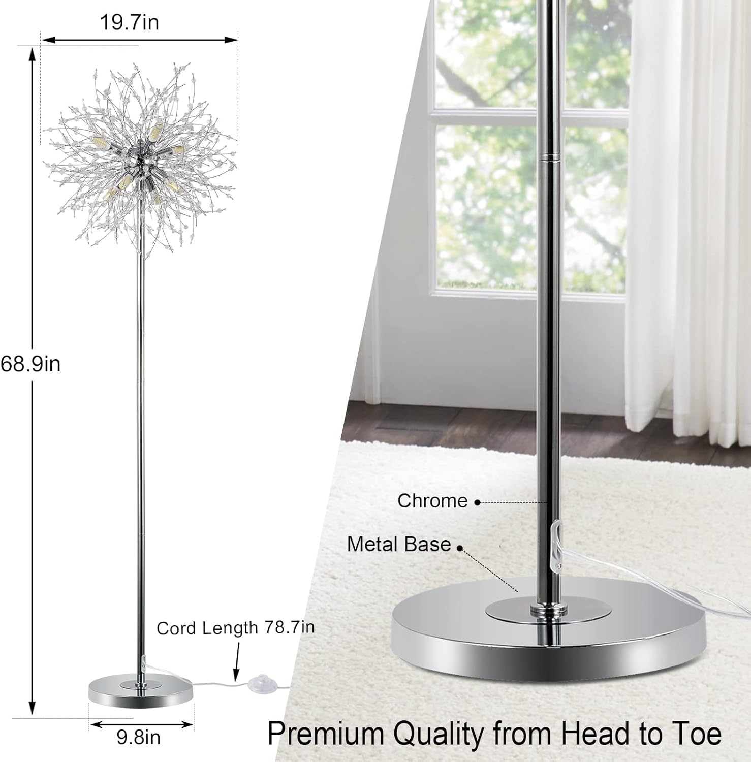 Lámpara de Pie de Cristal para Dormitorio,,Lámpara de Poste de 69 Pulgadas de Alto, Lámpara de Piso Decorativa para Habitación Moderna, Incluye 32 Suspensores de Cristal de Fuegos Artificiales, Acabado en Cromo Plataformas No Disponibles- Welfel