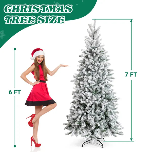 7 FT Snow Flocked Pre-lit Artificial Pencil Christmas Tree, Hinged Xmas Pine Tree With 1100 Branch Tips And 400 Lights For Holiday Party Office Home, Snowy Green