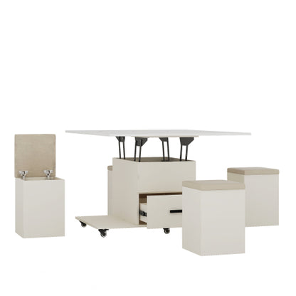 Modern Lift-Up Coffee Table With 4 Stools Set For Living Room Expandable 1 Hidden Storage 2 Drawers Space Saving Folding Dining Table