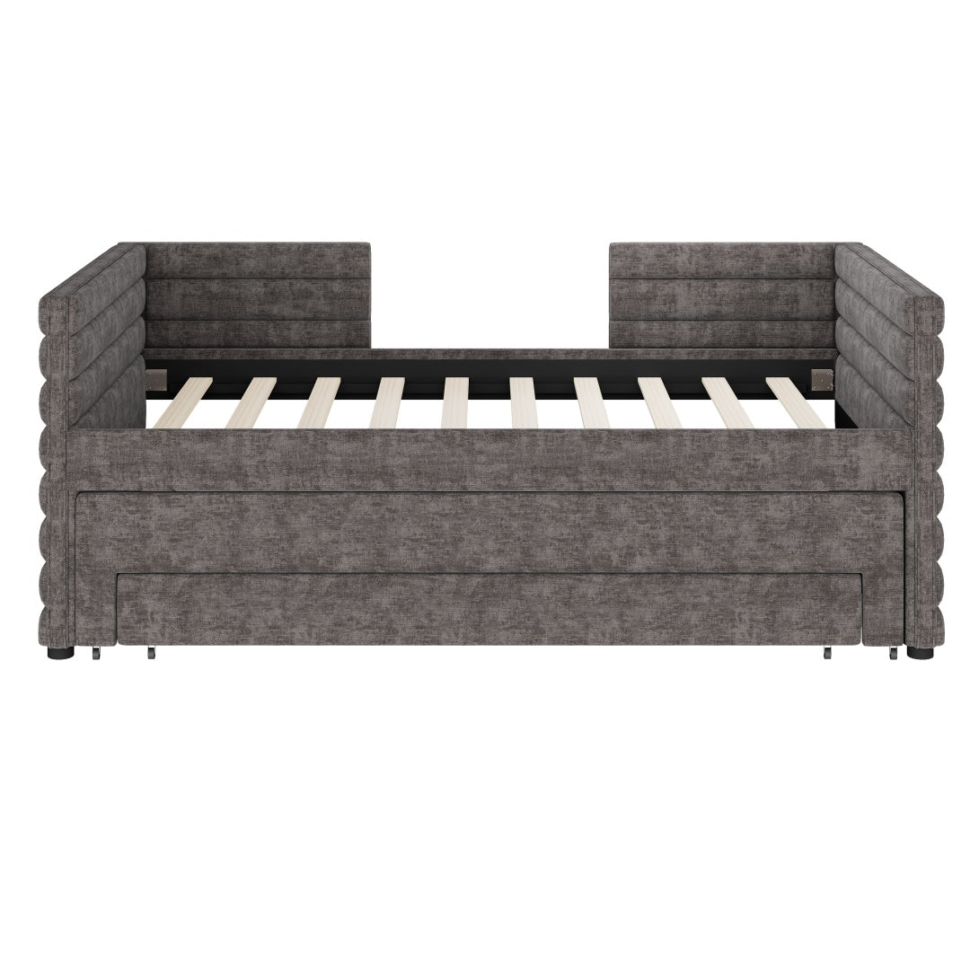 Cama de Día Tapizada de Tamaño Individual con Trundle y 3 Cajones de Almacenamiento, Sofá Cama de Tela Chenille para Habitación de Invitados, Sala de Estar, Marco de Cama de Día Moderno Ahorra Espacio, No Se Requiere Resorte de Caja