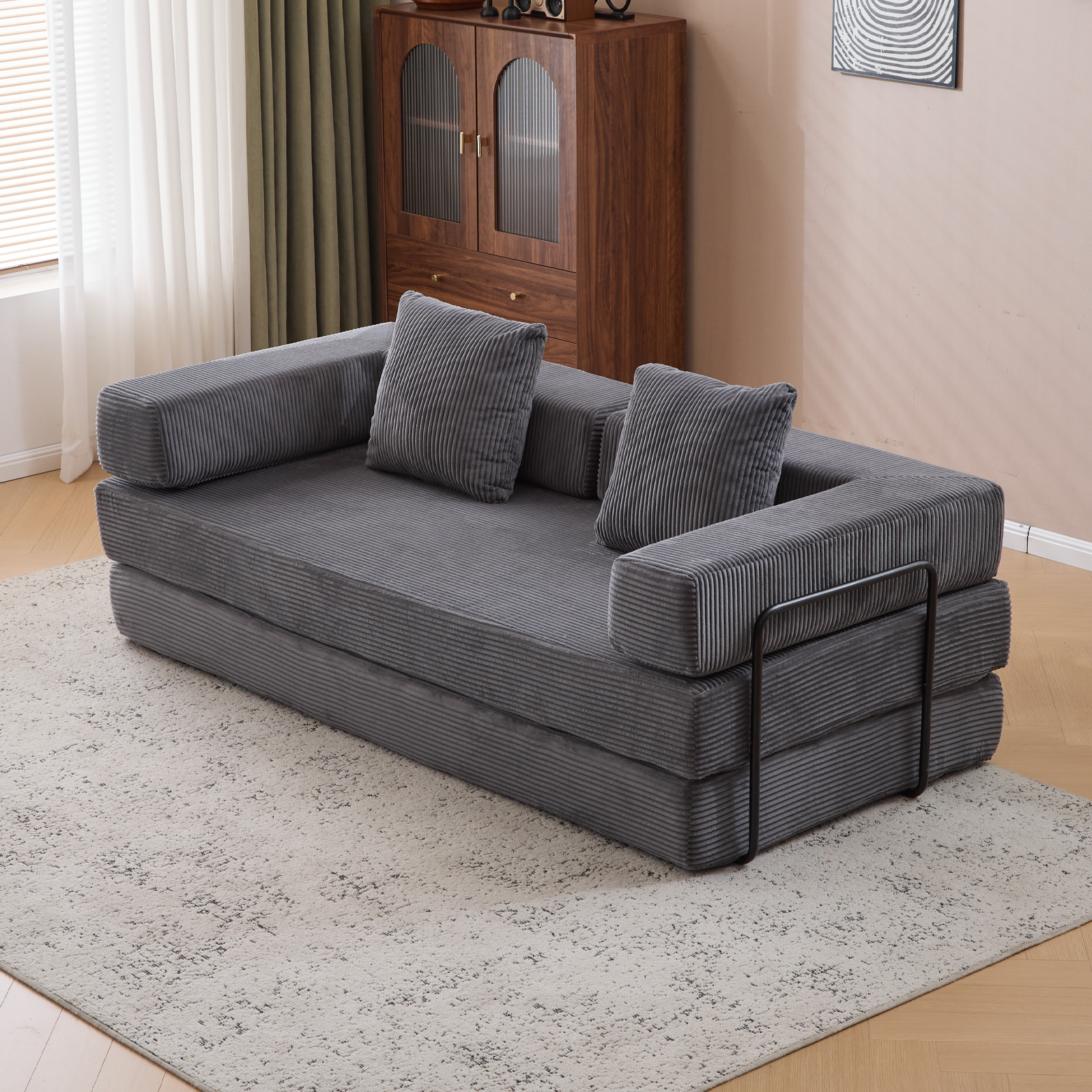 Sofá de Suelo, Sofá de Compresión, Sofá Cama Convertible de Suelo - con Soporte de Espalda con Almohada y Reposabrazos, Sofá Futón Cómodo para Reposar Cama para Dormir, Tela de Corduroy, para Sala de Estar y Dormitorio Gris Oscuro