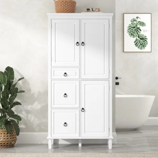 Gabinete de Almacenamiento Retro Multifuncional con Estanterías Ajustables, 3 Cajones y 3 Compartimentos Cerrados Organizador Estiloso y Versátil para Sala de Estar, Cocina o Oficina, Blanco